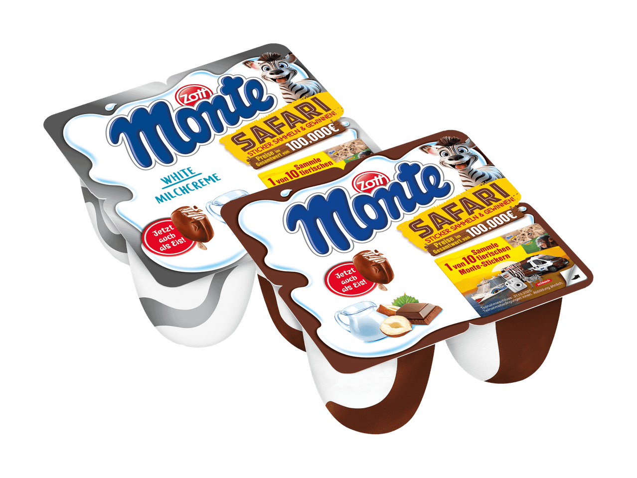 Zwei Monte-Produkte, darunter eine weiße Milchcreme und eine klassische Variante, mit Safari-Promotion.