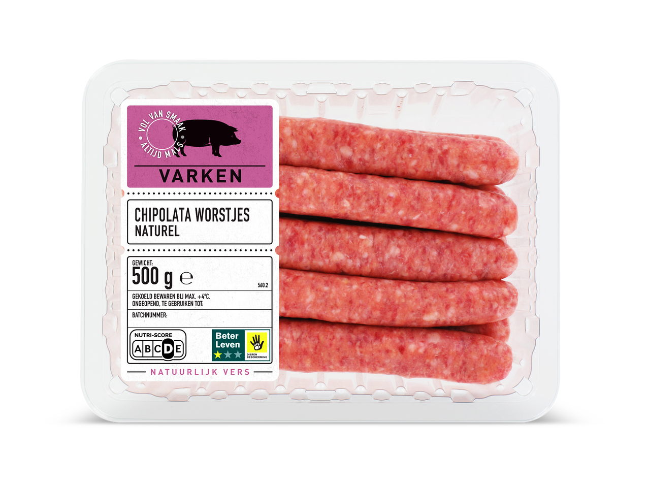 Verpakking met chipolata worstjes van varkensvlees, 500 gram, met Nutri-Score D en Beter Leven keurmerk.
