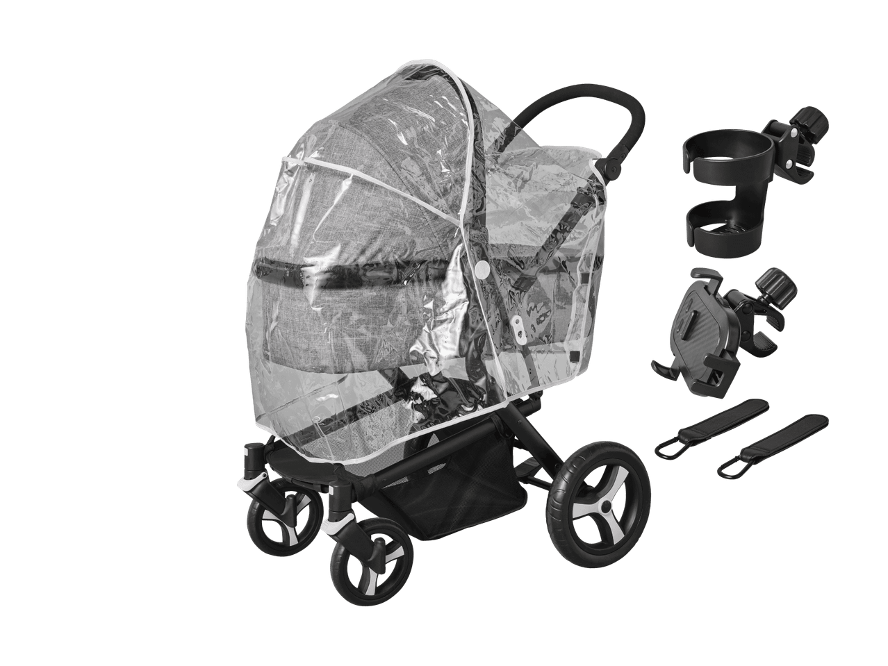 Poussette grise avec habillage pluie transparent et accessoires noirs