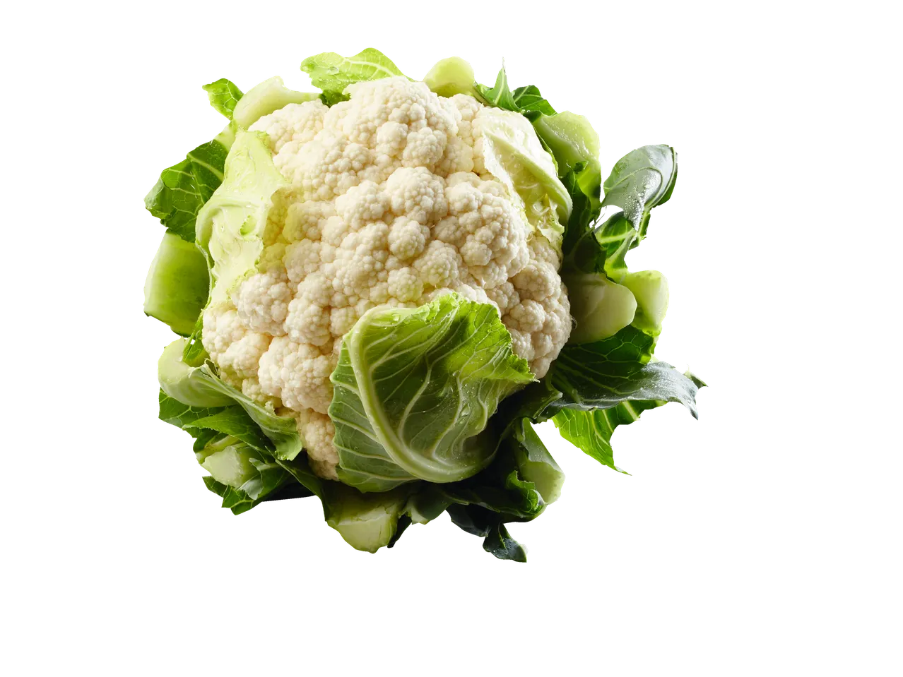 Een verse bloemkool met groene bladeren.