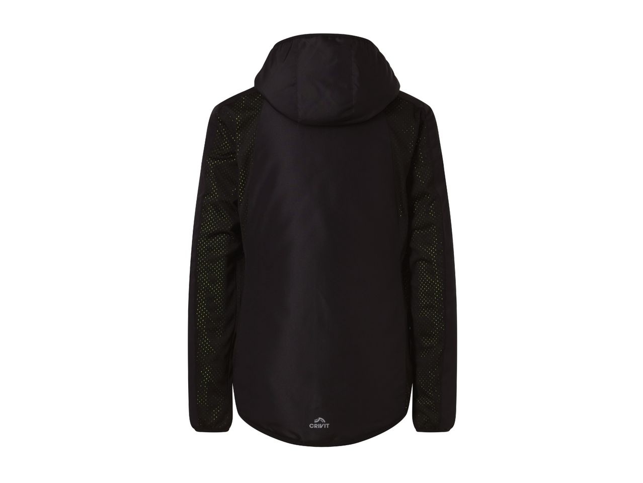 Back view of a Crivit women's black hooded running jacket with mesh panels.