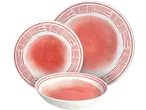Serviço de mesa TOGNANA: dois pratos e uma tigela com padrão coral e detalhes listrados.