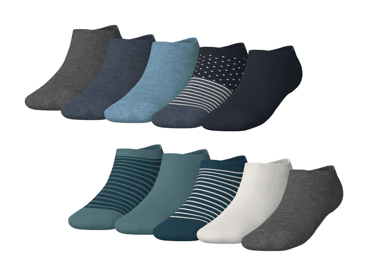 Herren-Sneakersocken in verschiedenen Blau-, Grau- und Weißtönen, teilweise gestreift oder gepunktet.