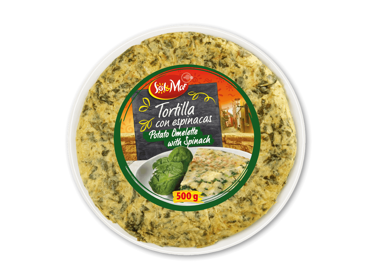 Kartoffelomelet med spinat i en hvid skål, med en etiket der viser en skive omelet og spinat.