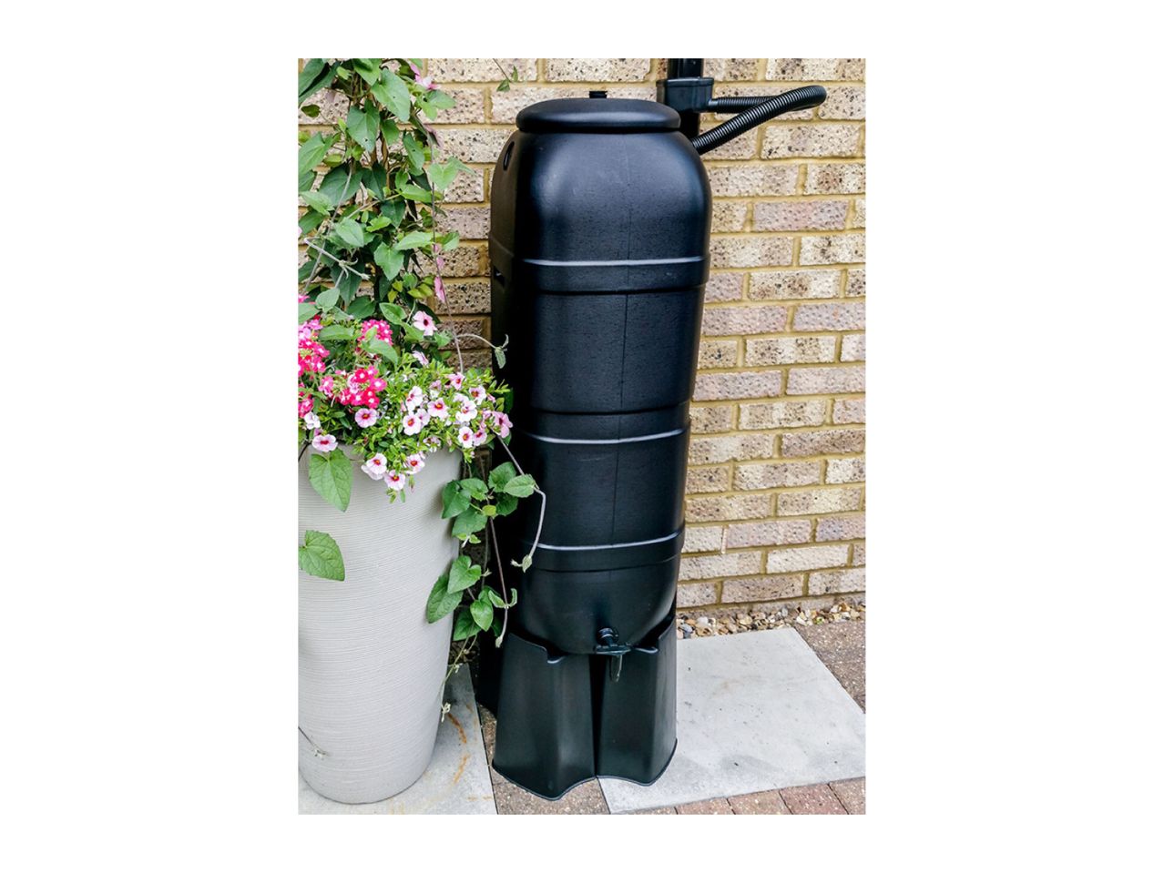 Black water butt with a hose connection next to a planter with pink flowers.