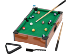 Miniature pool table with cue sticks, balls, triangle, and brush.