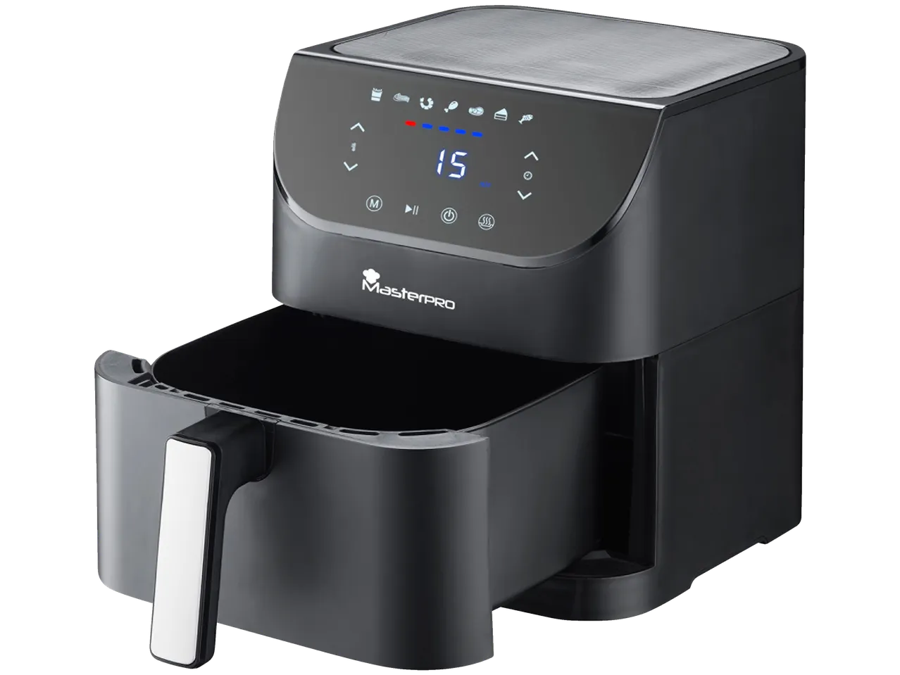 Una friggitrice ad aria Masterpro con display digitale e cestello estraibile.