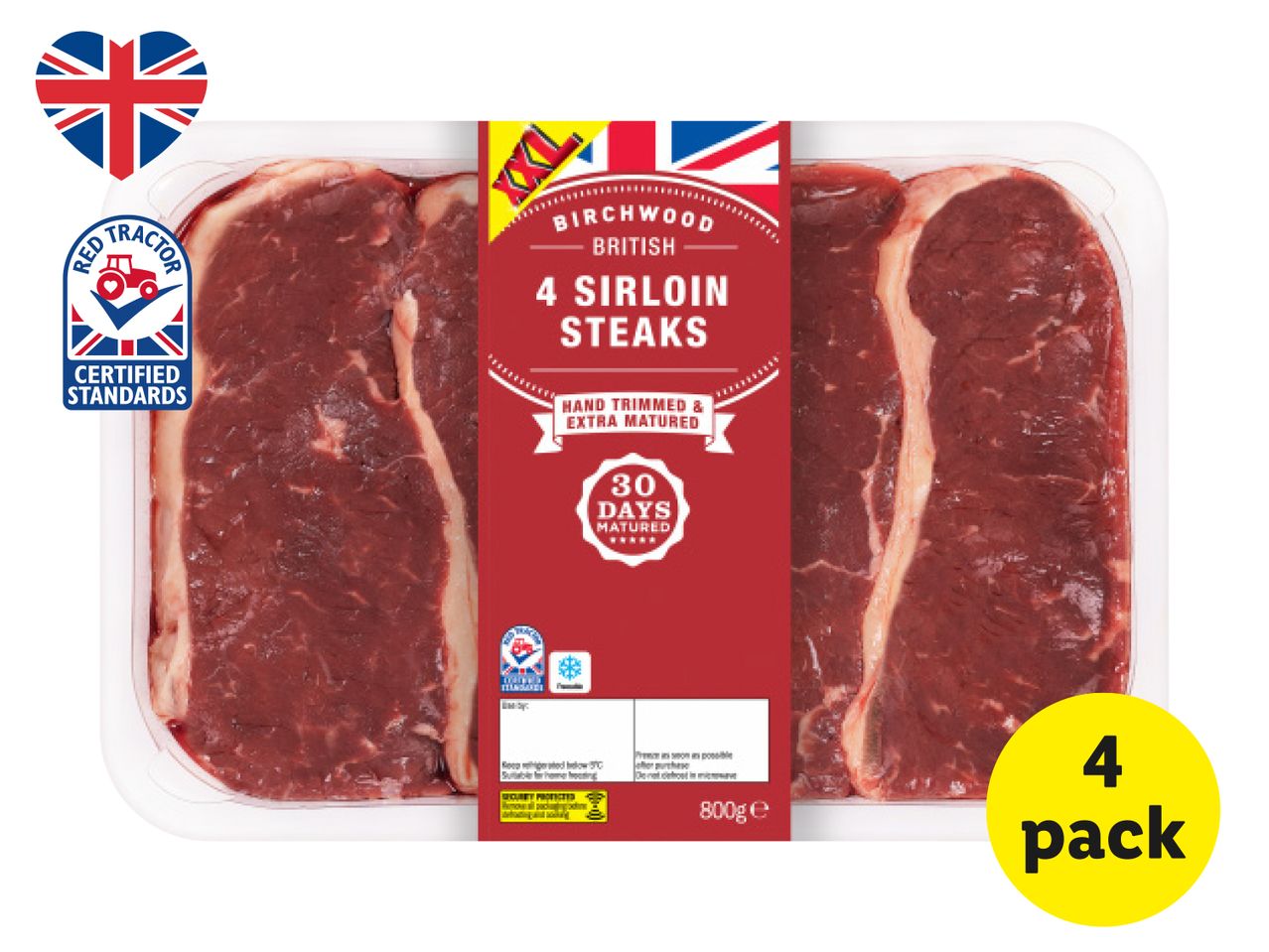 Birchwood British 4 Sirloin Steaks (800g), hand trimmed and 30-day matured, Red Tractor certified.