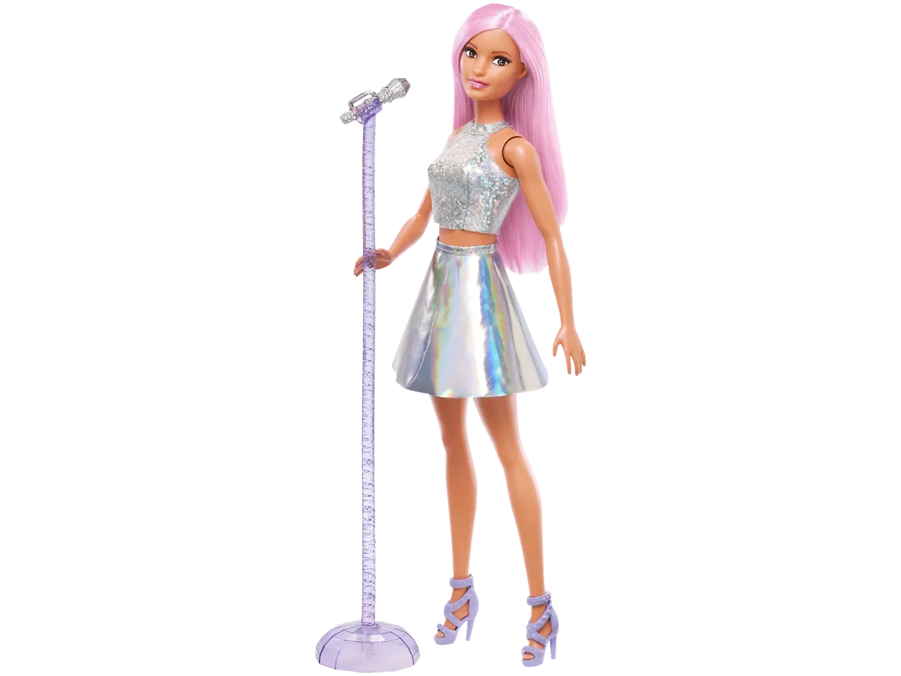 Bārbijas lelle ar rozā matiem, sudrabainu topu un svārkiem, ar mikrofonu.