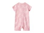 Pink baby romper with short sleeves and an all-over floral pattern.