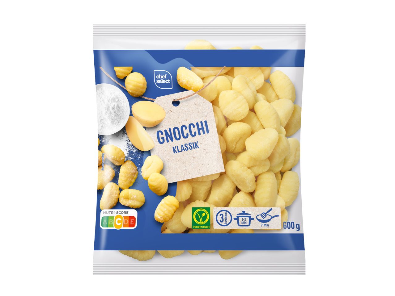 Packung Gnocchi Klassik mit Nutri-Score A und Zubereitungshinweisen, 600 g
