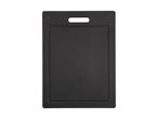 Black rectangular cutting board with a handle cutout and a juice groove