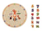 Wooden clock puzzle with animal shapes and number pieces for learning time.