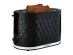 Black two-slice toaster with textured honeycomb design and bread inside