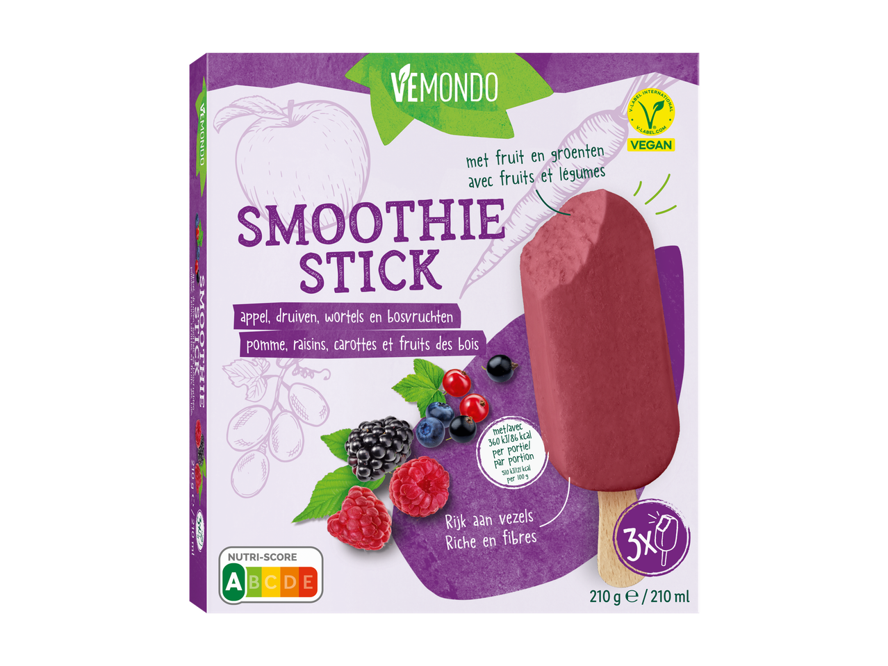 Vemondo Smoothie Stick met appel, druiven, wortels en bosvruchten, veganistisch gecertificeerd.