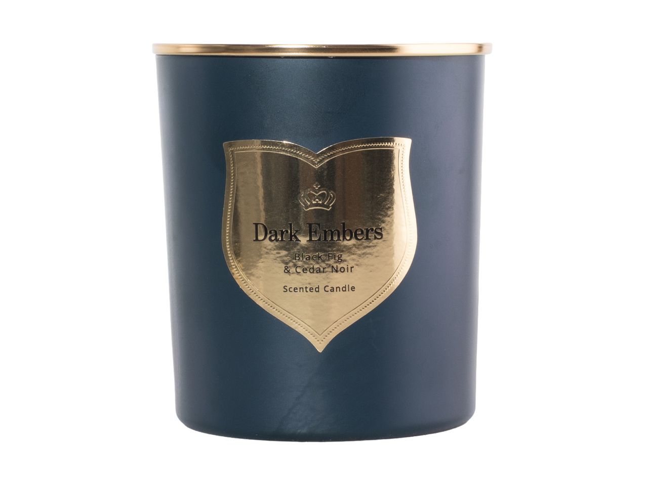 Dark Embers scented candle in a dark blue jar with a gold shield label