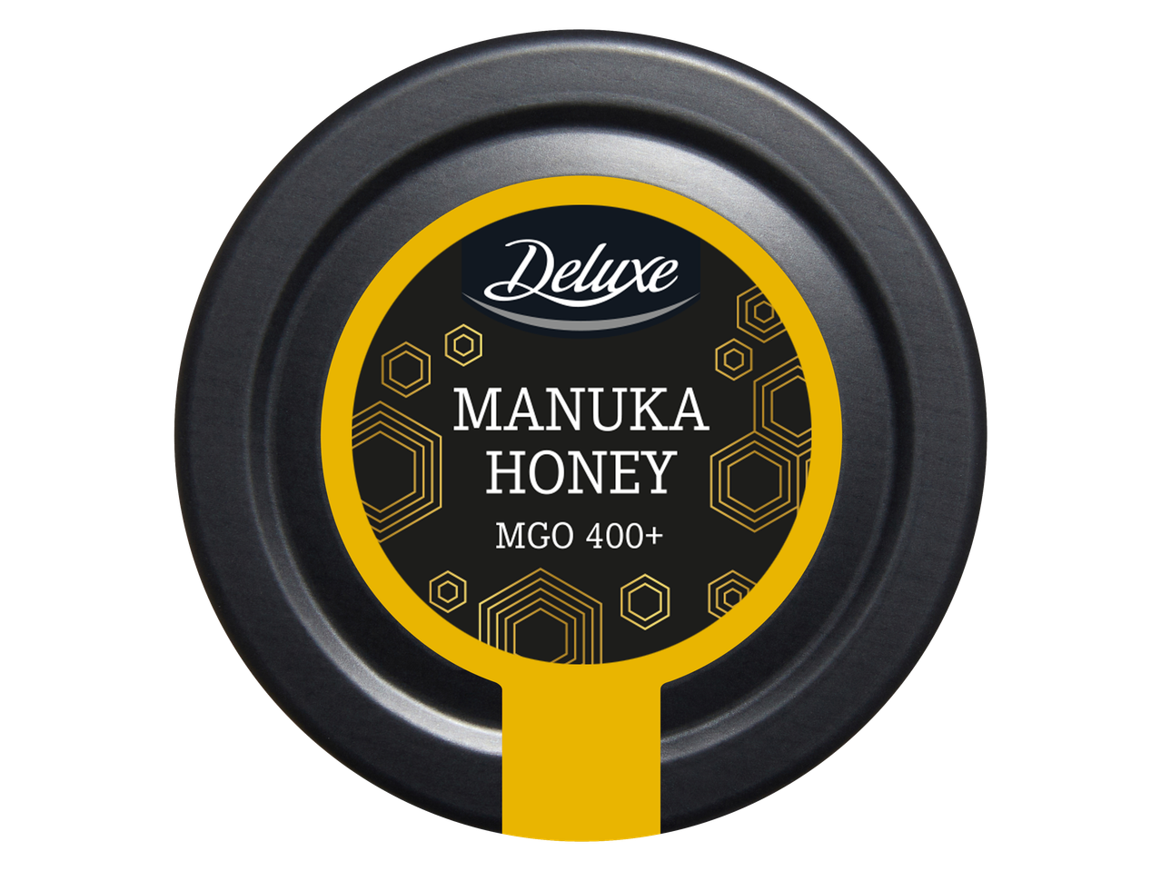 Deluxe Manuka Honing MGO 400+ potdeksel met een zwart en geel etiket.