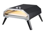 Portable outdoor pizza oven with a dark grey body, silver-colored front, and black legs.