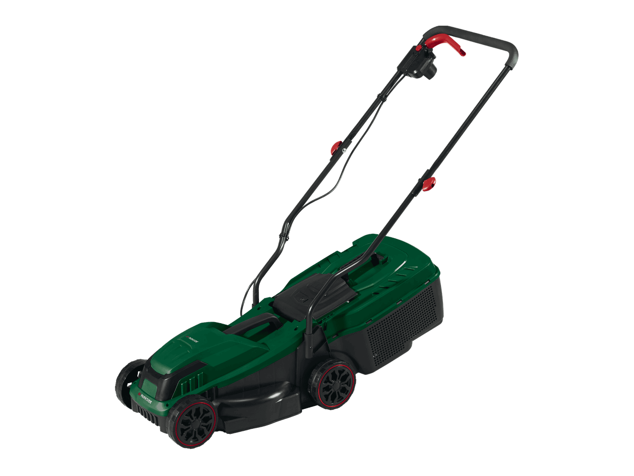 Vihreä ruohonleikkuri mustilla pyörillä ja punaisilla yksityiskohdilla