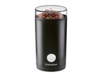 Black electric coffee grinder with a clear lid filled with whole coffee beans.