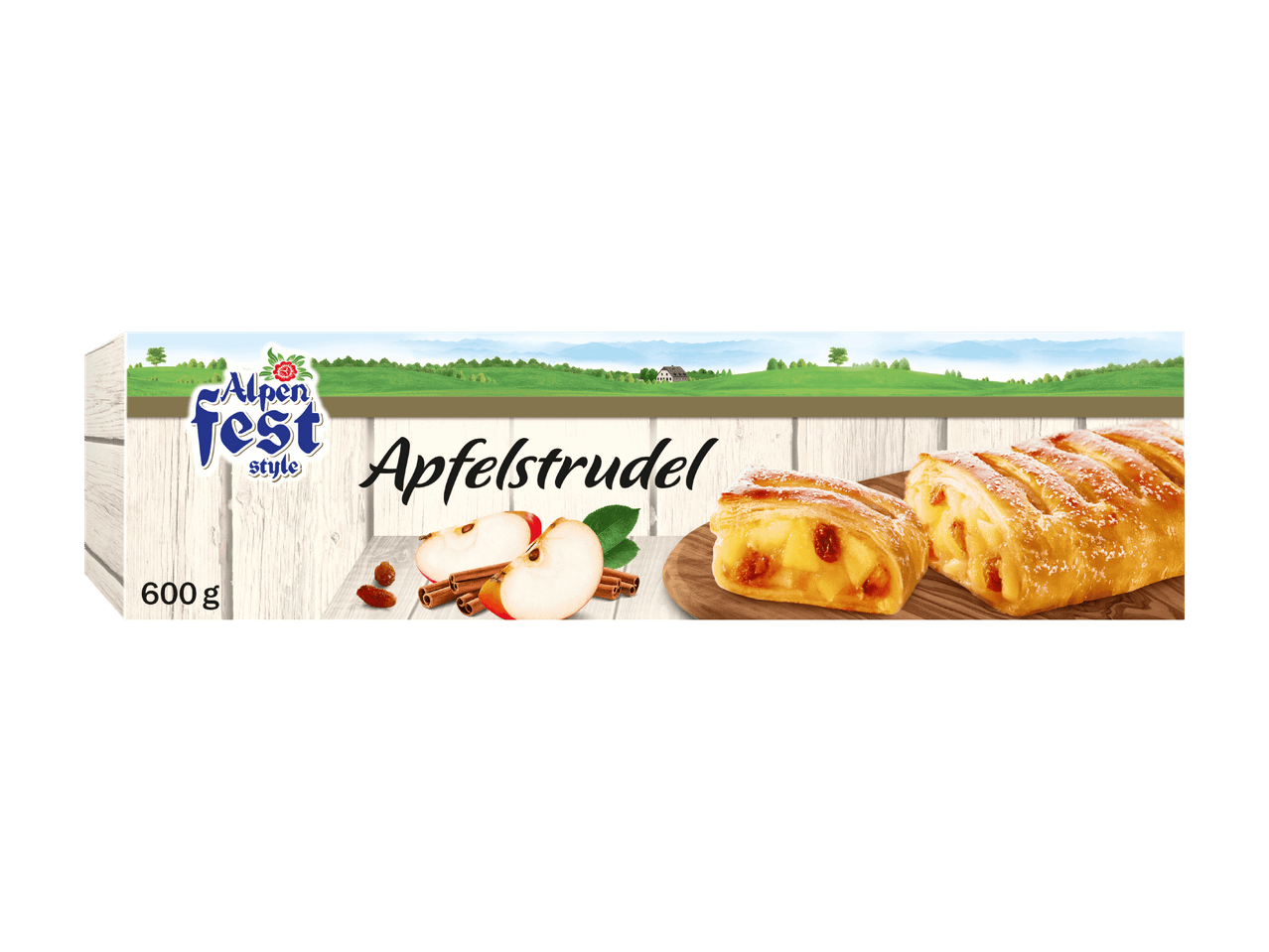 Apfelstrudel-pakkaus, jossa on omenaa, kanelia ja rusinoita, maaseutumaisemassa