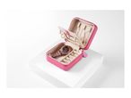 A pink travel jewelry case with various compartments for earrings, necklaces, and other accessories.