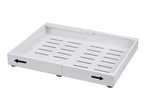 White expandable under-sink organizer with directional arrows