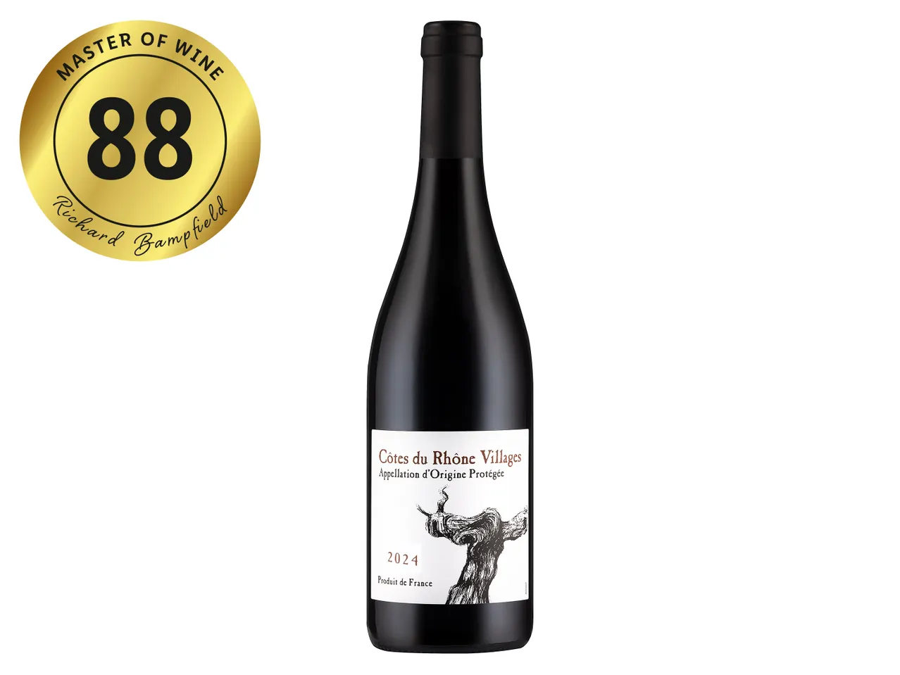 Côtes du Rhône Villages red wine bottle with a gold Master of Wine 88-point rating by Richard Bampfield.