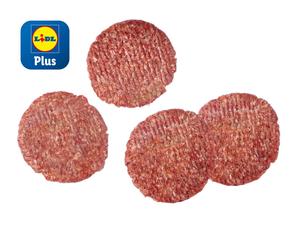 Vier fertig zum Braten Lidl Plus Hacksteaks.