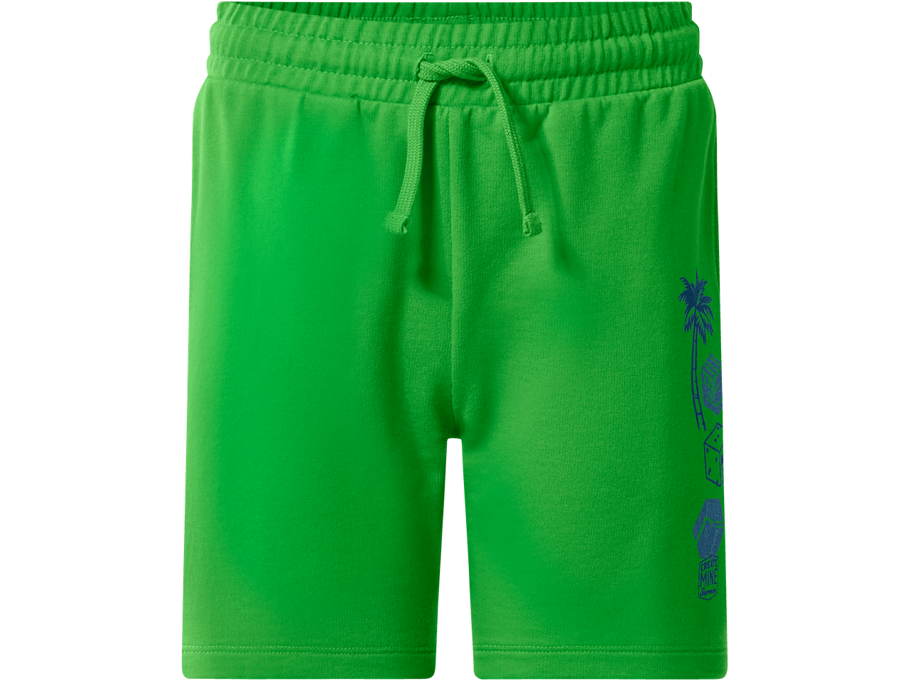 Green kids' sweatshorts with an elasticated waist, drawstring, and a blue graphic print on the right leg.