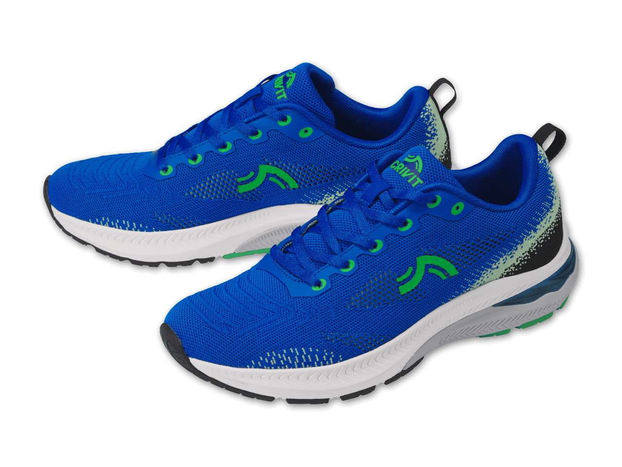 Ein Paar blaue Sportschuhe mit grünen Akzenten und weißer Sohle