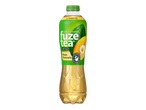 Fles groene thee met mango en kamille, laag in calorieën, met theebladeren en bloemmotief.