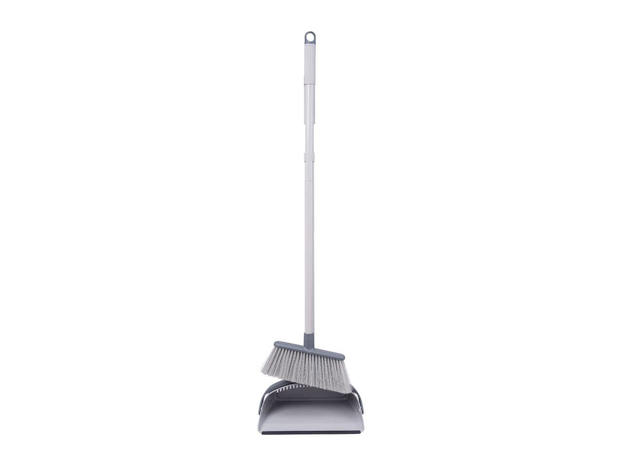 Broom and dustpan set with a long handle, in grey and white.