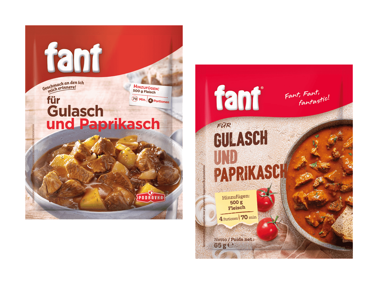 Due confezioni di condimento Fant per gulasch e paprikasch, con immagini di piatti pronti.