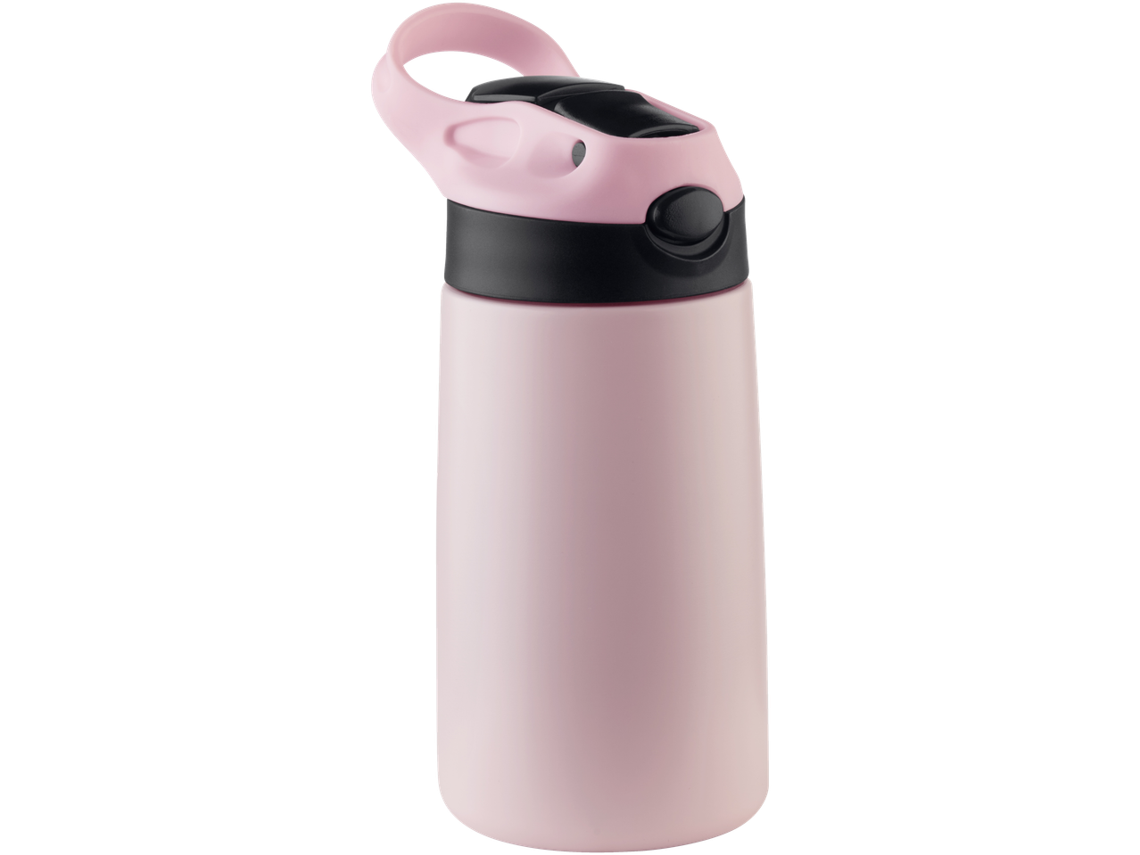 Roze waterfles met een zwart deksel en roze handvat.