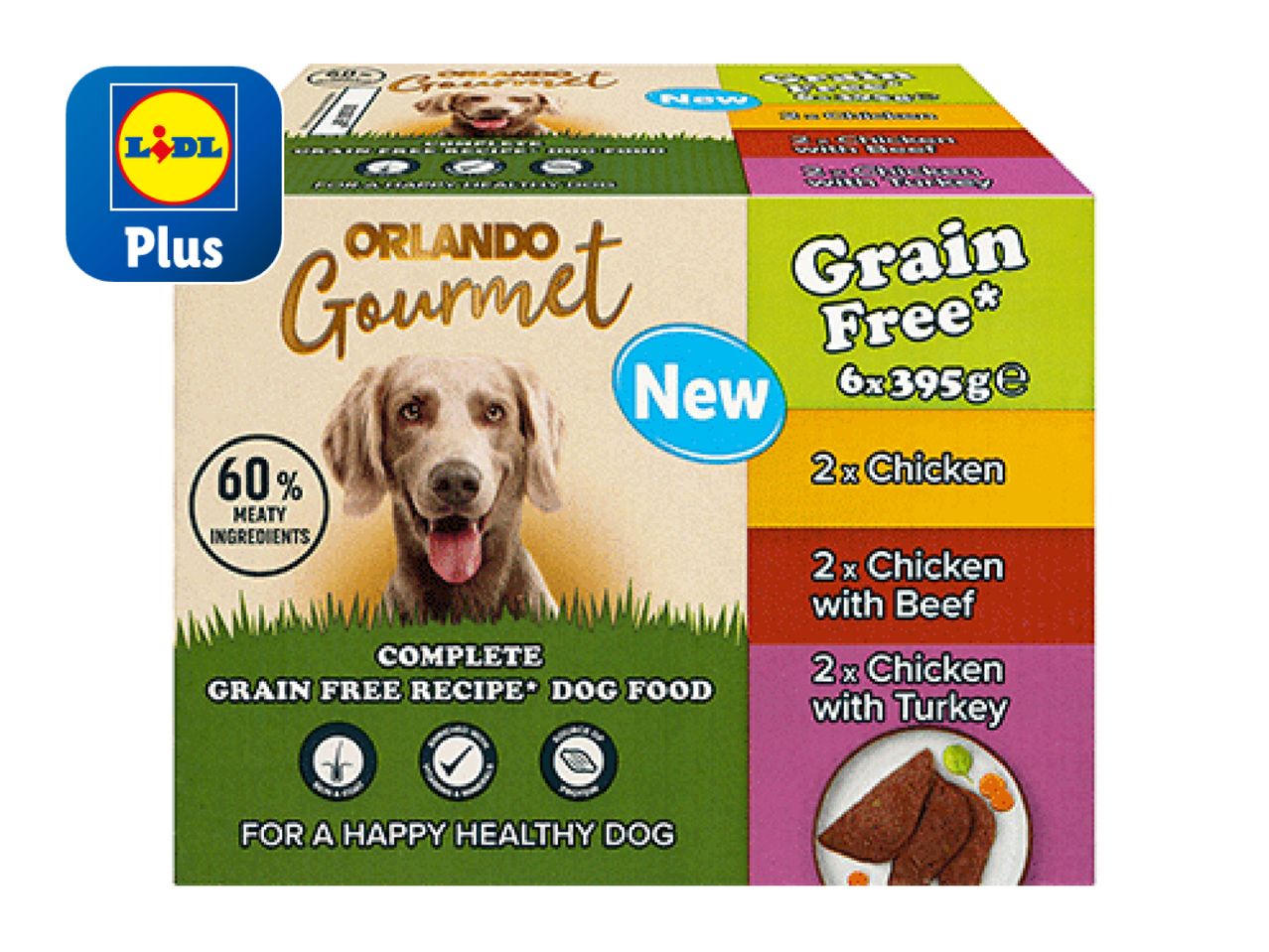 Lidl Plus Orlando Gourmet Grain Free dog food pouches: chicken, chicken with beef, and chicken with turkey.