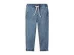 Blue denim joggers with an elasticated waist and white drawstring.