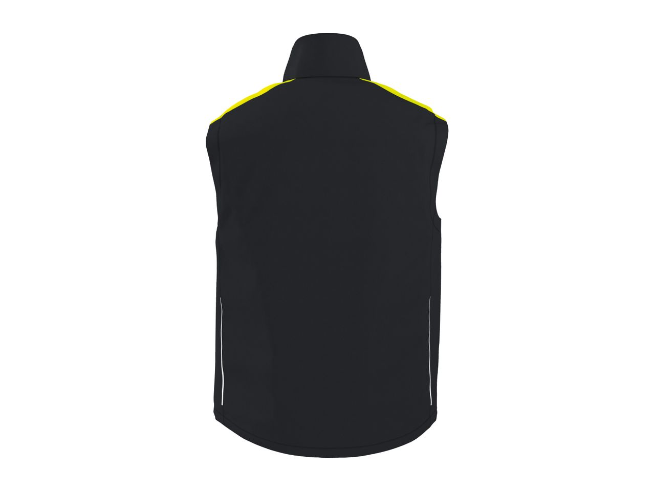 Black and yellow sleeveless jacket, back view.
