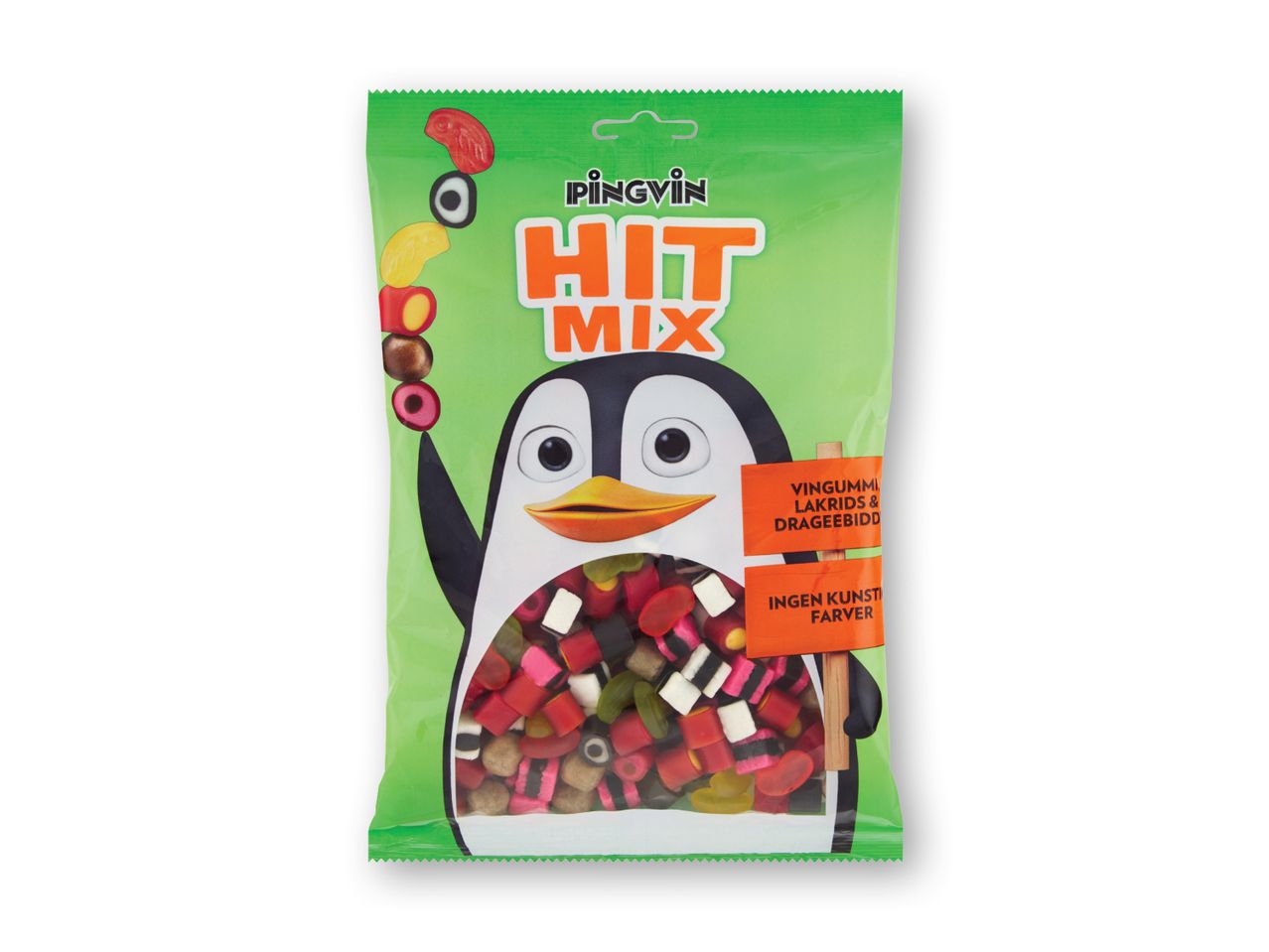 En pose Hit Mix slik med en pingvin på forsiden.