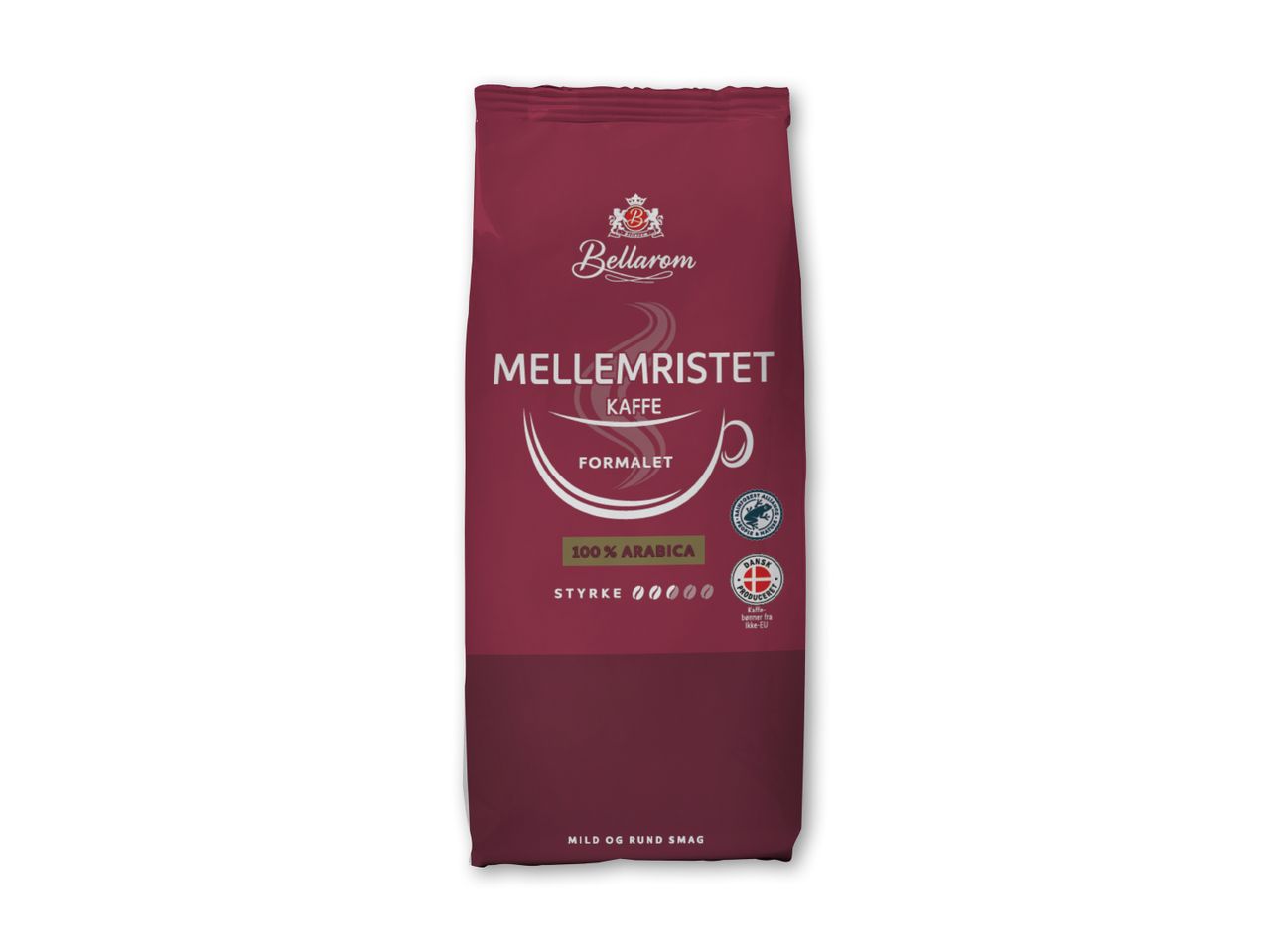 Mellemristet kaffe i en rød pose med teksten '100% Arabica' og 'Mild og rund smag'.