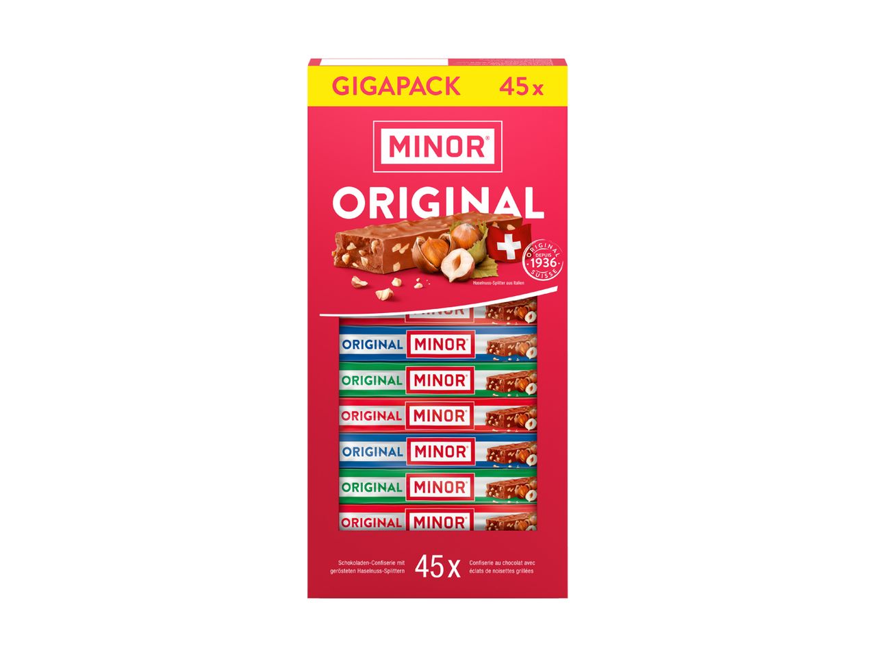 45er Packung MINOR Original Schokoriegel mit Haselnüssen.