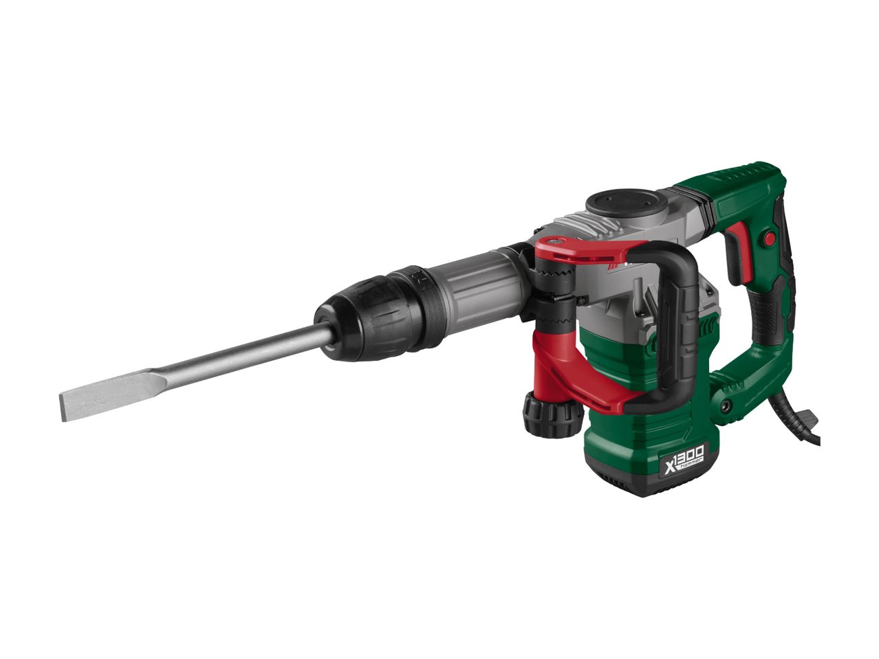 A green and gray Einhell demolition hammer with a long, thin chisel attachment.