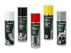 Fünf Spraydosen von Ballistol in Weiß, Schwarz, Rot, Gelb und Grau.