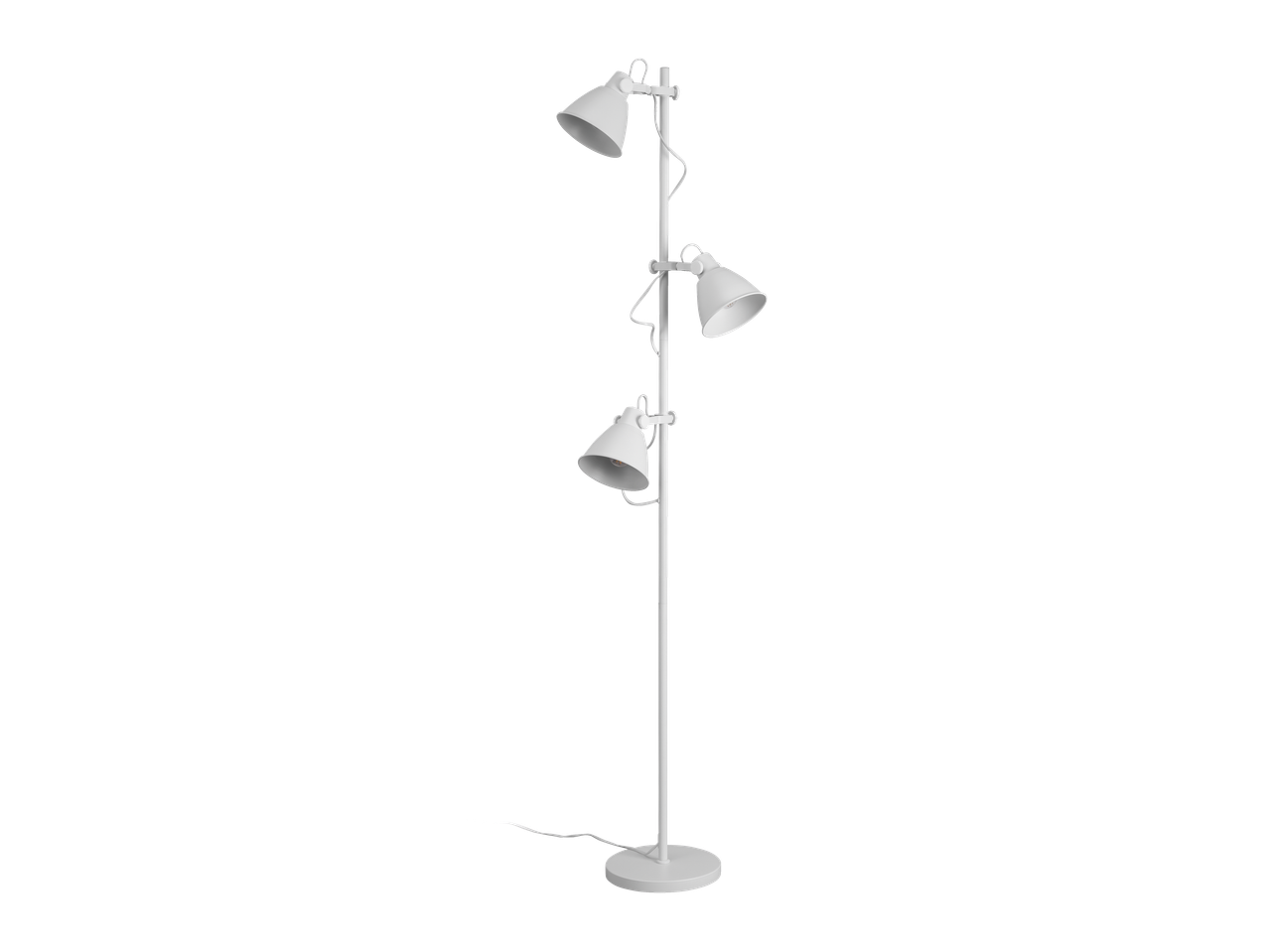 Valge LIVARNO LED-põrandalamp kolme reguleeritava kupli ja ümmarguse alusega.