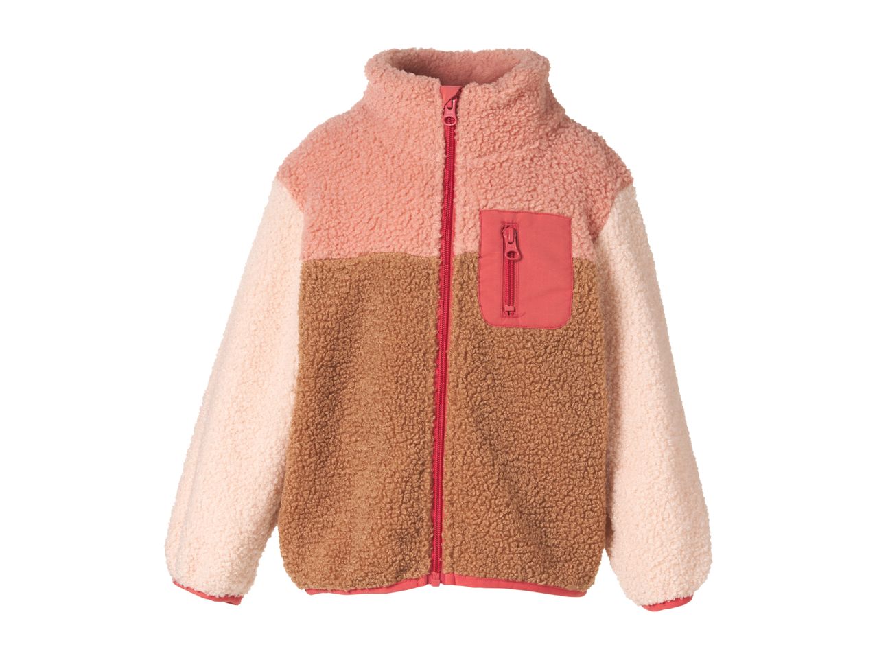 Kids' color block fleece jacket in pink, brown, and cream with a red zipper and pocket.