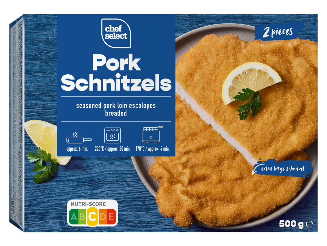 Chef Select varkensschnitzels verpakking met kookinstructies en Nutri-Score.