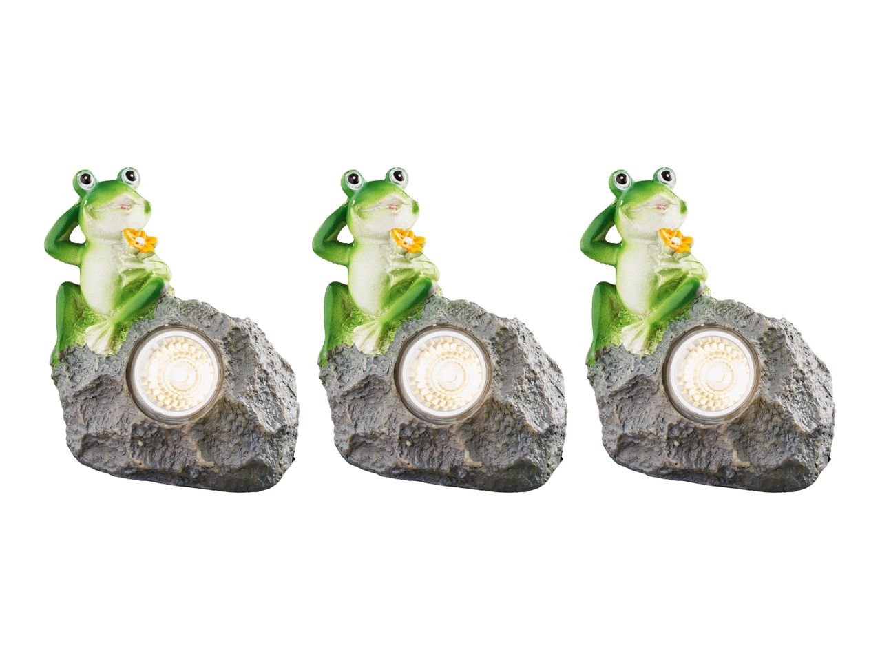 Three garden lights featuring frog figurines on rock bases.