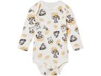 Winnie the Pooh themed baby bodysuit with long sleeves and snap closures.