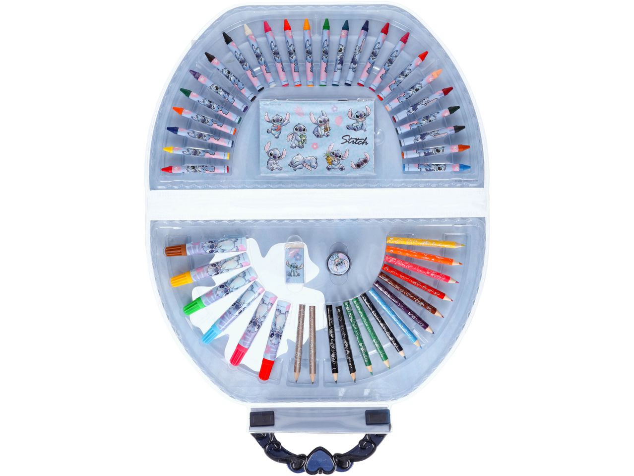 Stitch-themed art set with crayons, markers, and colored pencils in a clear case.