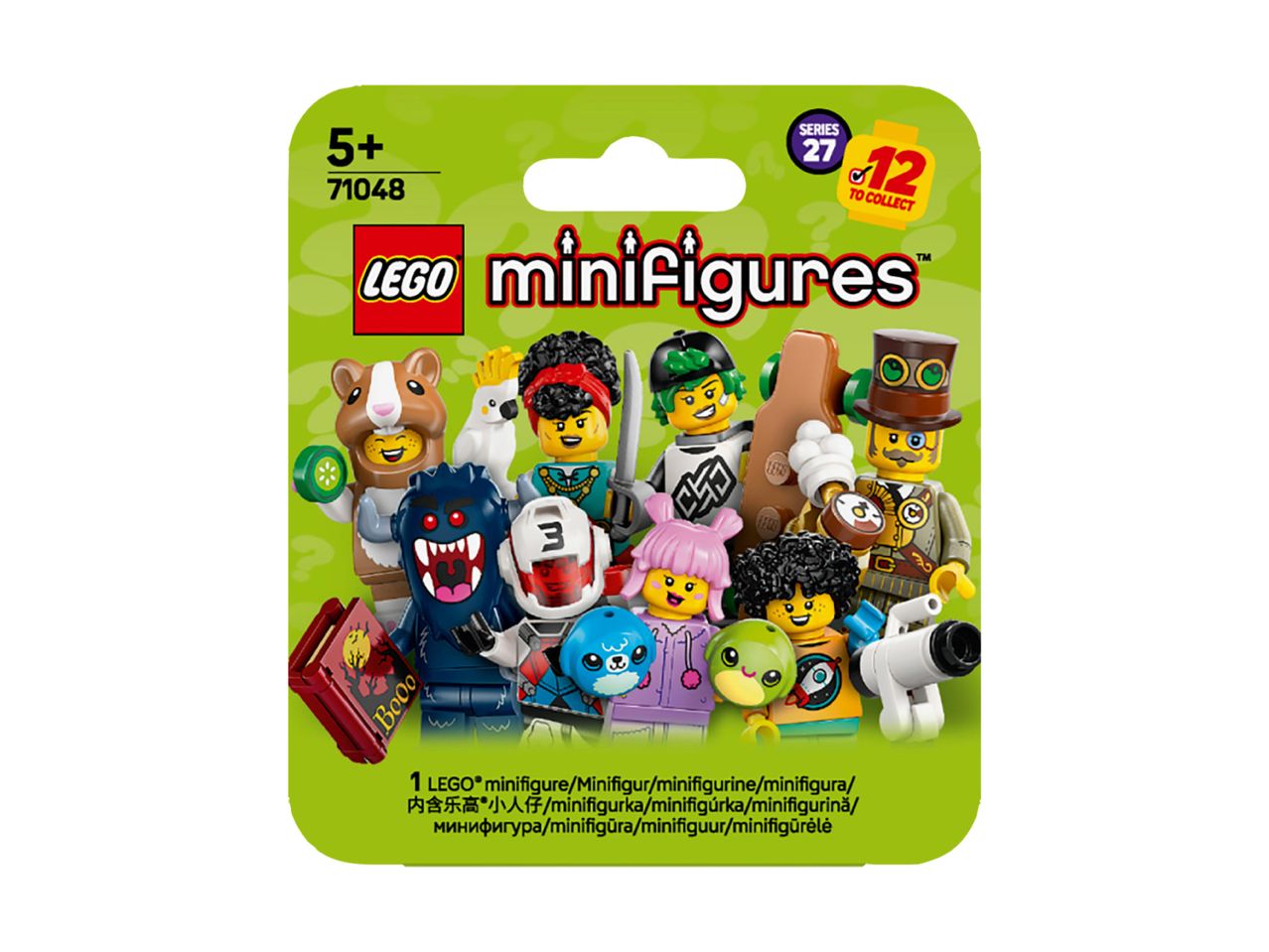 Minifigures Series 27, 12 to collect, featuring various characters like a hamster, monster, and astronaut.